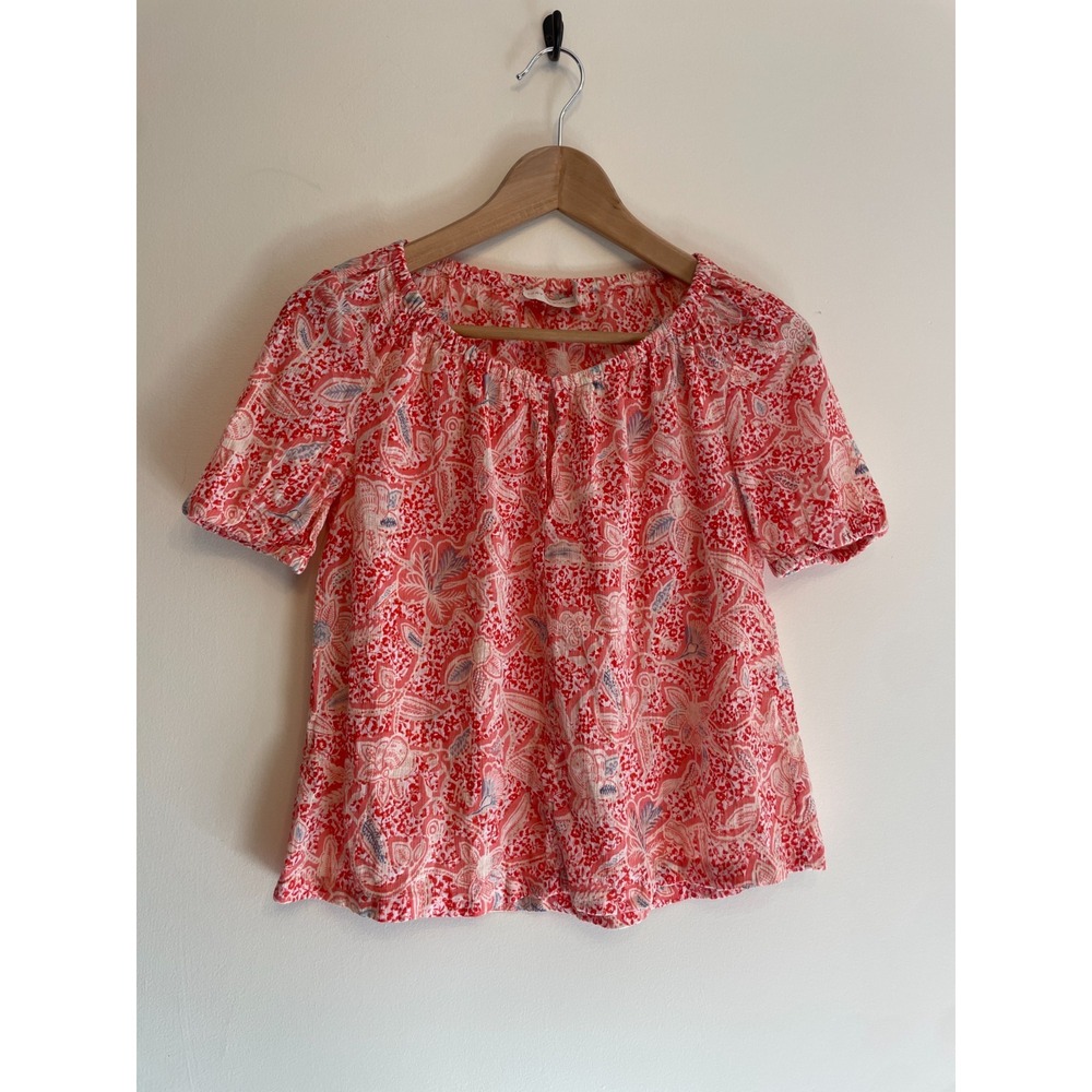 Tory Burch Peasant Top Blouse Women‎ Size 0 Pink Red Sheer Cotton Lightweight